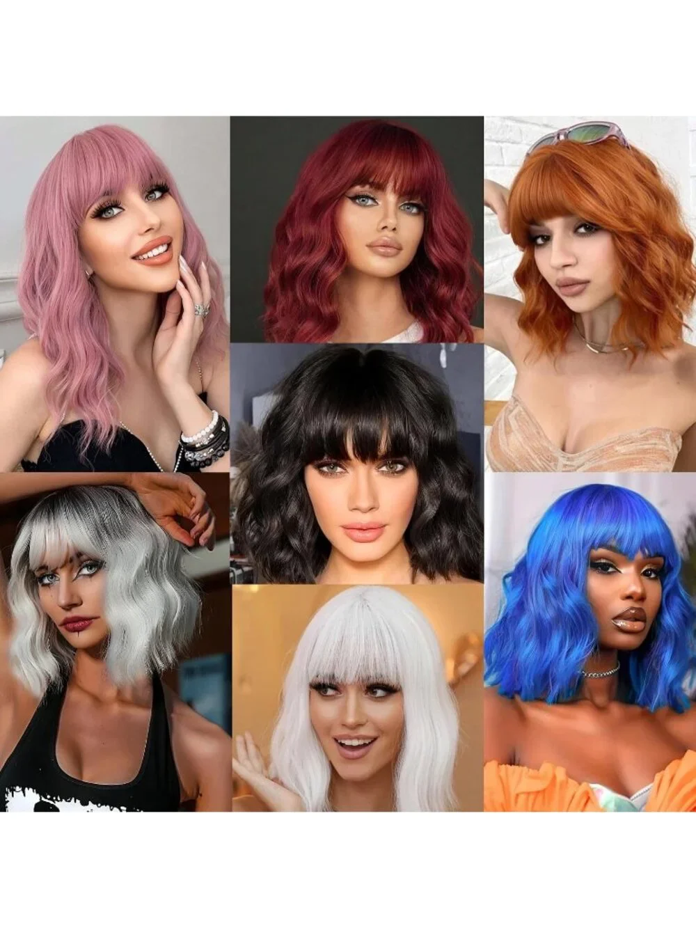 Women's White 14 Inch Heat Resistant Short Wavy Hair Pastel Bob Wig Bangs